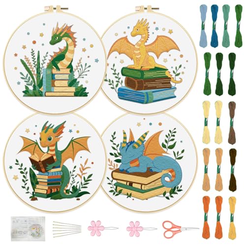 Image of FREEBLOSS 4 Set Book Embroidery Kit with Stamped Cartoon Dragon and Book Pattern Embroidery Kit for Beginners Instructions Included Cross Stitch Kit Embroidery Starter Kit for Adults 20cm