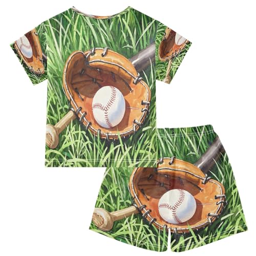ALAZA Baseball Glove Pajamas Set Short Sleeve Cotton Sleepwear Summer Pjs 2 Piece 5-14Y2