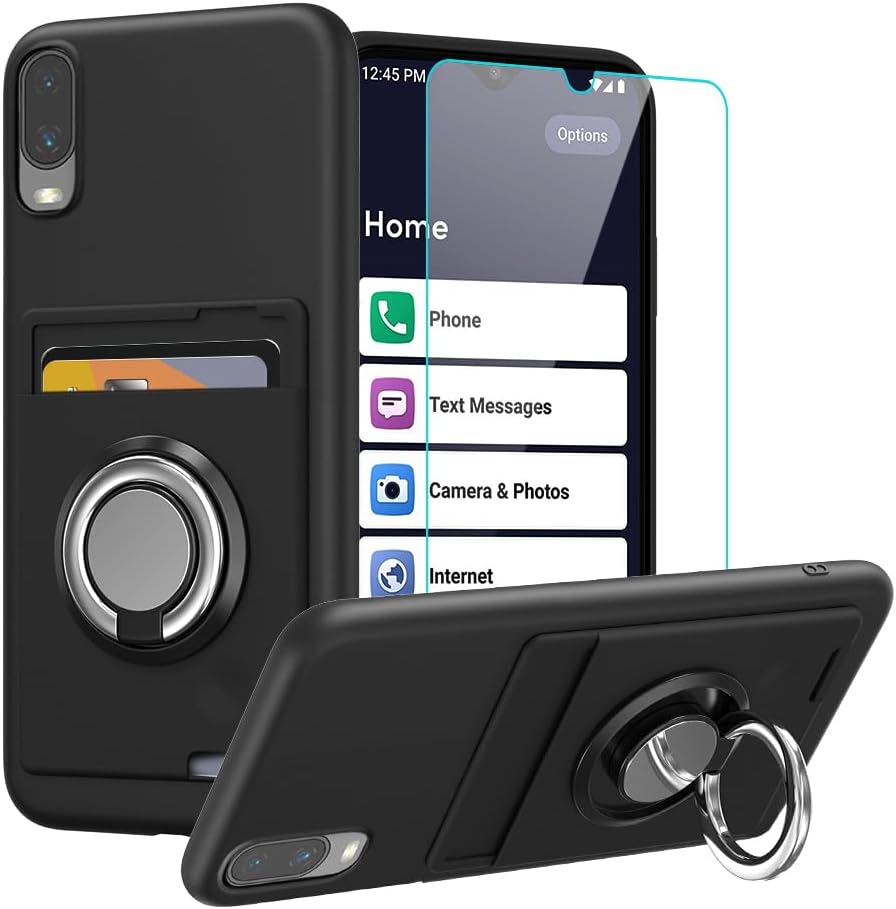 for Jitterbug Smart 3 Phone Case with Tempered Glass Screen Protector, Card Holder with Ring stand case for Jitterbug Smart 3 (2021) Cover - Black