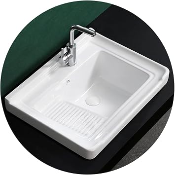 White Ceramic Laundry Sink Balcony Single Bowl Bathroom Vessel Sink Semi-recessed Square Laundry Tub with Washboard Easy to Clean