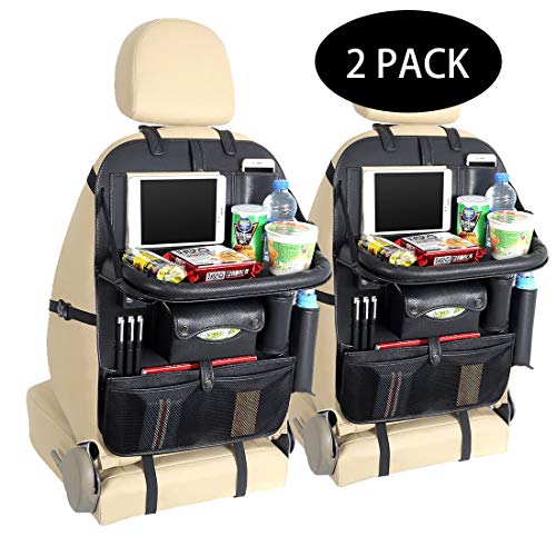 Yinleader Car Organiser PU Waterdichte Seat Back Protectors 4 USB Charge Ports Tablet Houder Multi Pockets Inclusief Tissue Box tray platform met tafel (2 PACK)