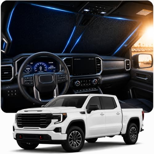 [2026 Upgraded] DooGooCoo Windshield Sun Shade for GMC Sierra 1500 2500 3500, [Cooling Ice-Crystal, 100% Sun Block] Sunshade for Car Windshield for Truck Sierra 2014-2026, Custom Fit for RAM Front.