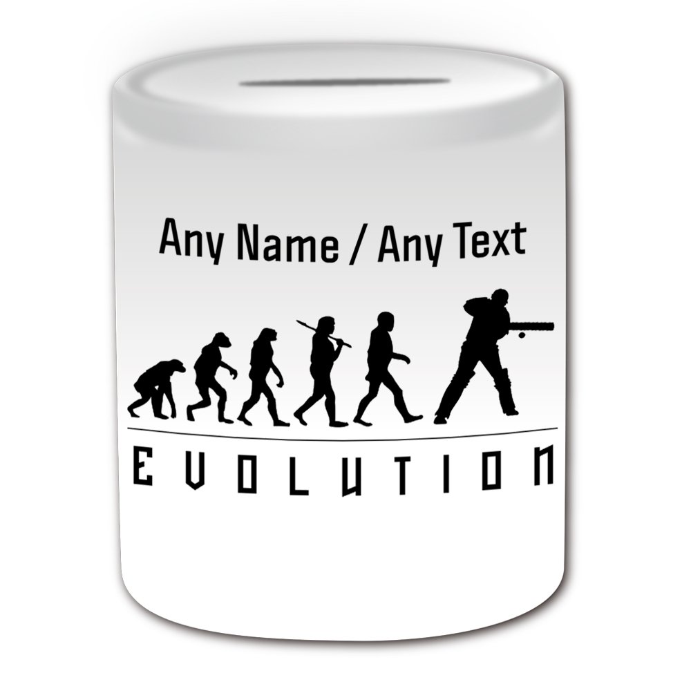 UNIGIFT Personalised Gift - Cricket Money Box (Evolution Design White) Any Name Message on Unique - Team Player Outline Contour Olympic Game Sport Cricketer Bat Ball Pitch Bowler Batsman County Club
