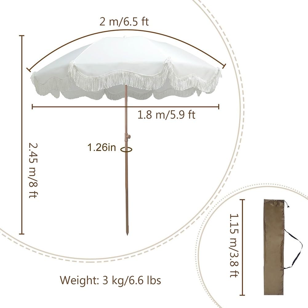 200 CM Przenośny Parasol Ogrodowy Boho Fringe, Parasol Ogrodowy na Patio, Ochrona UPF50+, Odchylany Parasol Plażowy na Balkon, Rynek, Podwórko