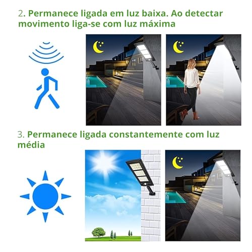 Luminária Solar 180 Led Parede Poste Sensor Presença Controle Remoto 3 Funções Refletor Econômico