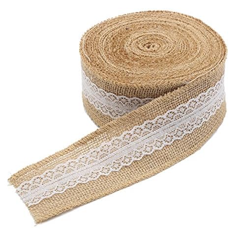 Decora Natural Jute Burlap Ribbon Roll with White Lace Trims Tape Cover