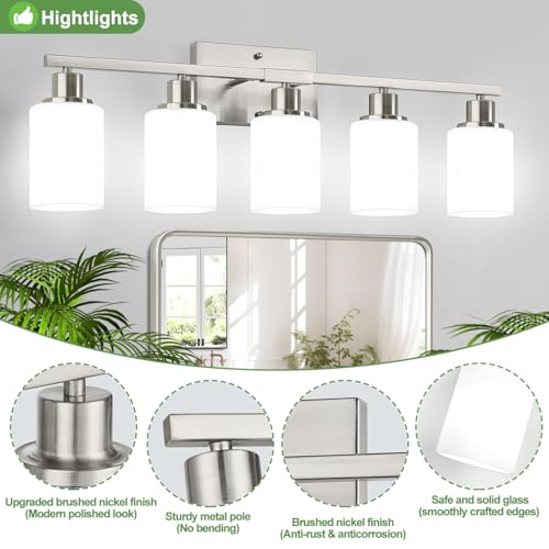 Image of Indoi 5-Light Bathroom Light Fixtures, Brushed Nickel Modern Vanity Lights with Milky White Shades, Bathroom Wall Lamp for Mirror Living Room Cabinet Bedroom Porch