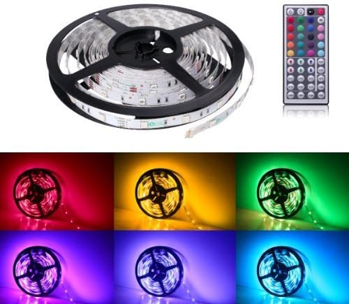 LE® 12V 16.4ft/5m Flexible RGB LED Strip Light Kit, Multi-colored, 150 Units 5050 LEDs, LED Strip Kit with 44-key IR Controller + 12V 5A Power Supply, Non-waterproof, Adhesive Light Strips