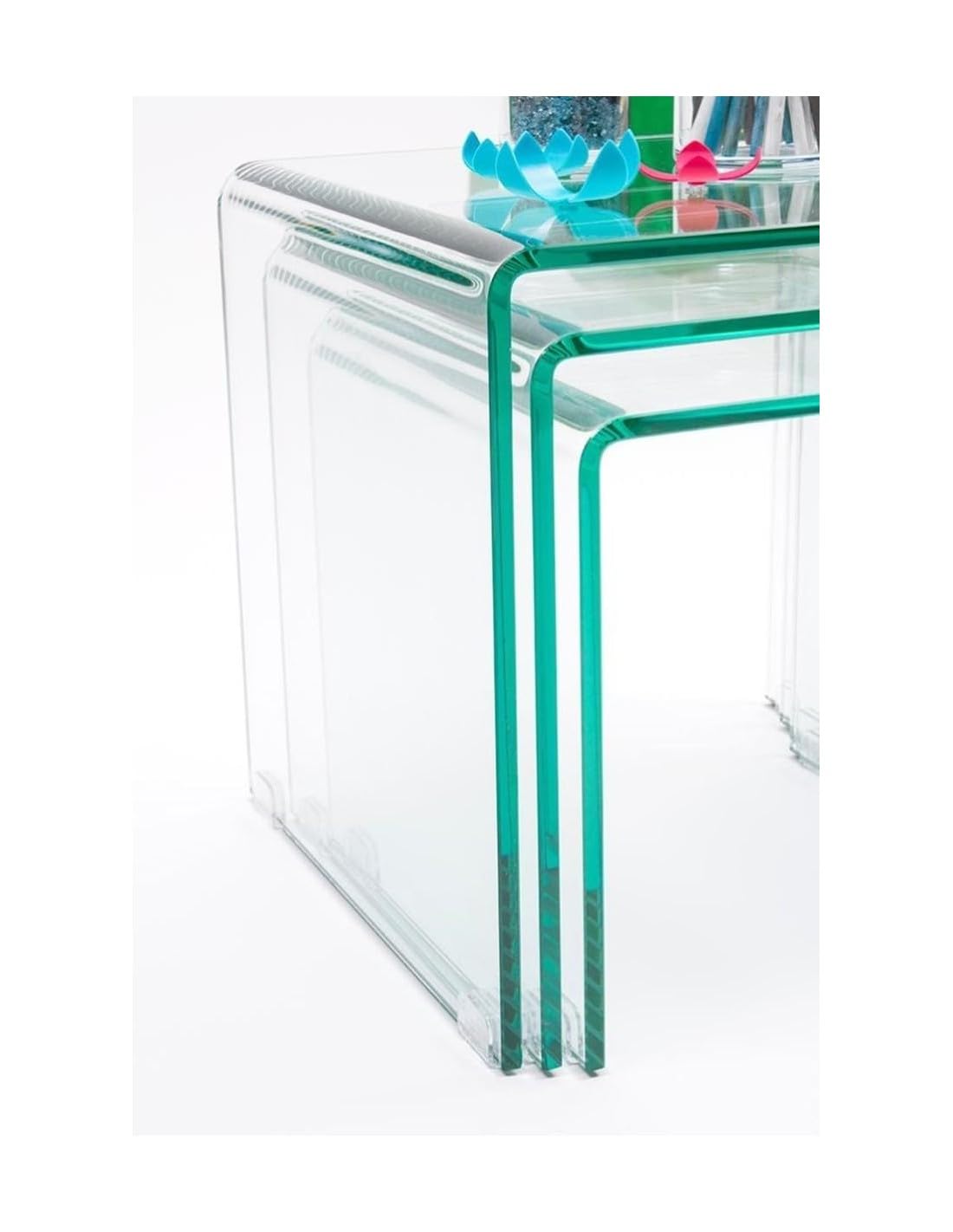 Homely® Juego de Tres Mesas Nido Murano 43-36-30 cm. | Cristal Curvado Templado de una Pieza Grosor 12mm. | Diseño Minimalista Ideal para Salones Modernos (Cristal Transparente)