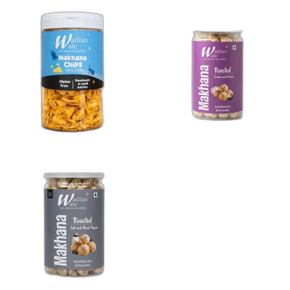 Wadianwale Healthy Diet Makhana Cheese & Herbs Gluten Free Chips & Roasted Cream & Onion Makhana & Roasted Salt & Black Pepper Makhana (Pack of 3)-image-2