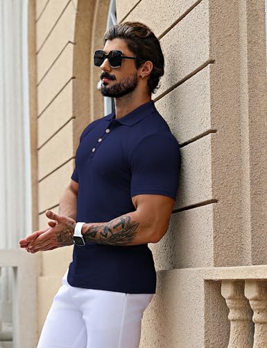 URRU Men's Muscle T Shirts Stretch Short Sleeve Workout Tee Casual Slim Fit Polo Shirt3