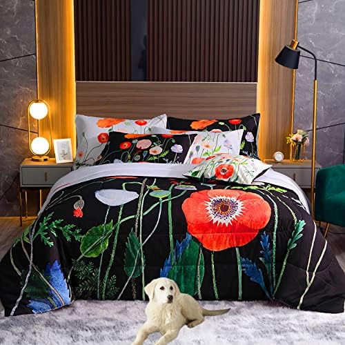INTOMENG Black Floral Comforter Set Queen 9 Pieces Black Flower Pattern Bedding Comforter Set Full Lightweight Reversible Botanical Comforter with Pillowcases and Sheet Set Super Soft