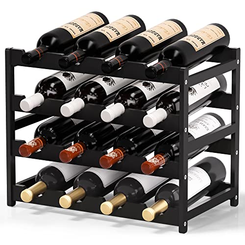 Ruichang Wine Rack Sturdy Wine Countertop，Bamboo Wine Bottle Holder Wine Storage Racks Counter Wine Stand Inserts for Cabinet Free Standing Floor Table Wine Organizer (4-Tier, 16 Bottle Capacity)