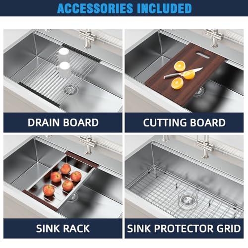 Image of 33 Undermount Kitchen Sink Modern - 33x22 Drop-in Kitchen Sinks, 18 Gauge 304 Stainless Steel Workstation Sink, Deep Single Bowl, Dual Mount, Handmade Basin, 8.9 Inch Deep, Built-In Accessories