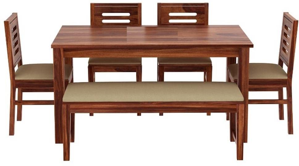 Image of AADITYA WOODS Solid Sheesham Wood Six Seater Dining Table Set with Chairs for Living Room Wooden 6 Seater Dining Table Set for Office Restaurant Modern Dining Room Set- Honey Teak & Cream