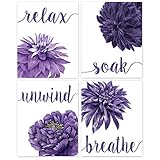 Relax Soak Unwind Breathe Purple Blend Bathroom Flower Prints, Set of 4 (8x10) Unframed Photos, Wall...