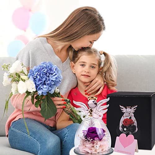 Valentine's Day Preserved Rose Birthday Gifts For Women Mom Grandma Wife, Handmade Angels Figurines Real Rose Gifts With Pretty Purple Flowers, Glass Angel Statues Gifts For Anniversary Wedding #TOP2