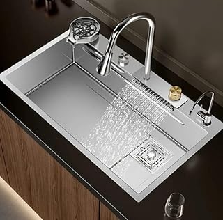 EVANEX EVANEX Kitchen Sink 30x18x9 Inch Waterfall Sinks Kitchen Silver 304 Grade Stainless Steel Sink for Kitchen ANTI SCRATCH HONEYCOMB with Waterfall & Pull-down Faucet Set Waterfall Kitchen Sink