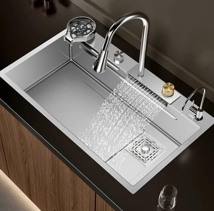 Image of EVANEX EVANEX Kitchen Sink 30x18x9 Inch Waterfall Sinks Kitchen Silver 304 Grade Stainless Steel Sink for Kitchen ANTI SCRATCH HONEYCOMB with Waterfall & Pull-down Faucet Set|Waterfall Kitchen Sink