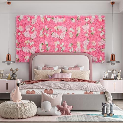 RIDDSEE Flower Wall Backdrop 12pcs 16.5x16.5 Inch Artificial Floral Wall Panel 3D Silk Rose Wall Decor Ideal for Wedding Celebrations, Festive Party Backdrops, and Home Decor-Rose Pink