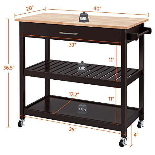 Yaheetech Kitchen Island On Wheels, 3-Tier Rolling Kitchen Cart Microwave Oven Cart Serving Cart With Storage Drawer And Shelves, 40’’ W Wood Top, Espresso #TOP3