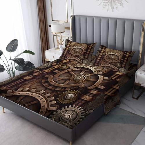MPNVYU Steampunk Gear Sheets Full Sheet Set, Industrial Mechanical Bed Sheets, Vintage Machinery Bedding Bedroom Decor, Soft Microfiber Deep Pocket Fitted Sheet & Flat Sheet & 2 Pillowcases