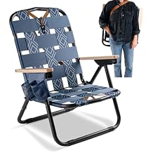 CleverMade Kove Twilight Blue Beach Camping Chair, Hands Free Carrying Strap + Real Wood Handles & 2 Cup Holders, Foldable Reclining Low Profile Collapsible Lawn Chair, Holds 300 lbs