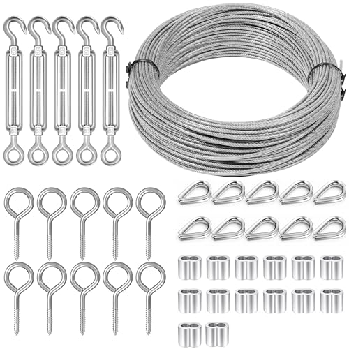 Dpyrrhic Turnbuckles for Cables Wires 100Ft 1/16 Inch Stainless Steel Vinyl Coated Wire Trellis Kit M5 Turnbuckle Tension Kit for Cable Railing Clothesline DIY Balustrades String Lights Hanging