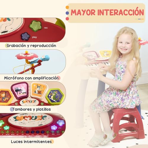 Miniatura 4 de Aiyaplay Piano Electrónico Infantil Piano Para Niños 2 En 1 Con 32 Teclas Batería Taburete Micrófono 19 Canciones Y Volumen Ajustable 74x32,2x71 Cm Multicolor