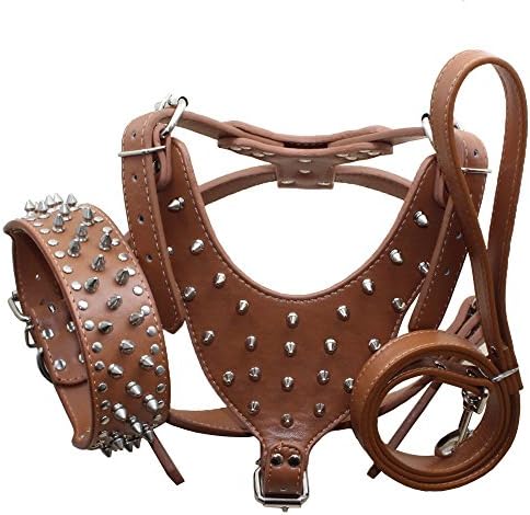 Leather Spiked Studded Harnesses, Collars & Leashes 3Pcs Matching Set for Medium & Large Dogs Pitbull,Mastiff, Boxer, Bull Terrier (Brown, L)