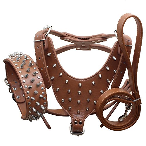 Pimaodog Leather Spiked Studded Harnesses, Collars & Leashes 3Pcs Matching Set for Medium & Large Dogs Pitbull,Mastiff, Boxer, Bull Terrier (Brown, XL)
