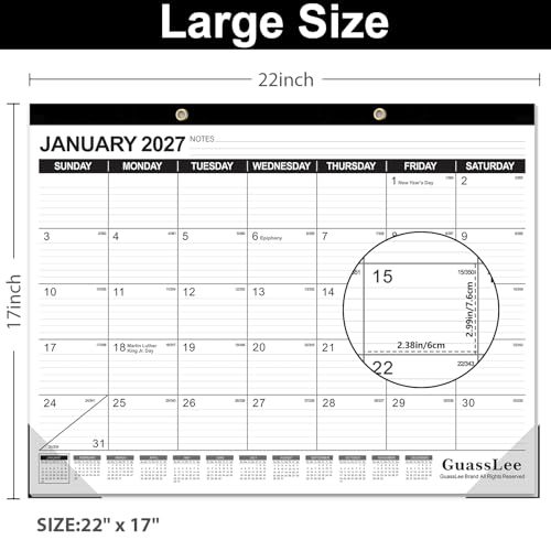 Image of GuassLee Large Desk Calendar 2026-2027,19 Months from Jun. 2026 to Dec. 2027, 22 x 17 Inches Desktop Wall Calendar Hanging Planner with Julian Date, Notes, Reinforced Corners for School Home Office