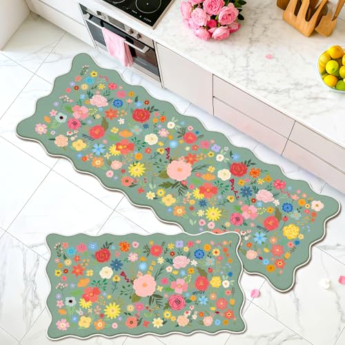 LUUFILx 2 tapetes de cocina festoneados florales para suelo, impermeables, antideslizantes, bohemias, para Navidad, hogar, Navidad, pasillo, lavandería, cocina, baño, interior