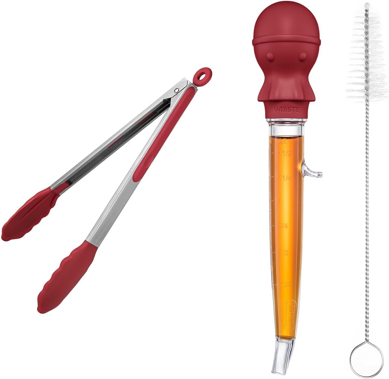 U-Taste 228.2℉ Heat Resistant BPA Free 1.5 oz Angled Turkey Baster, and 600℉ Heat Resistant 12in Kitchen Cooking Tong with Silicone Tip (Red)