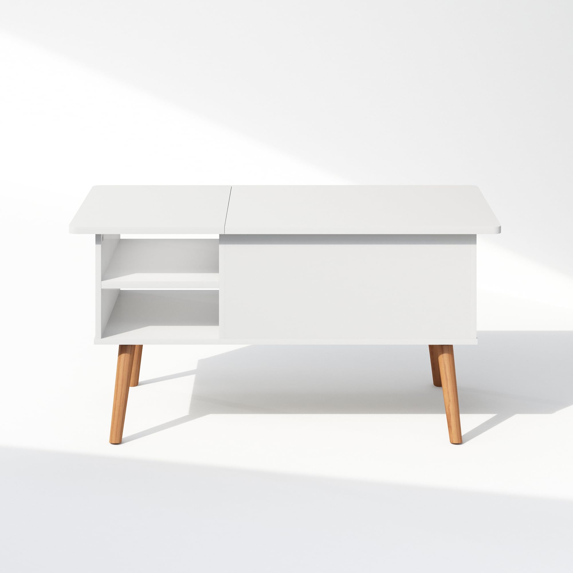 Furinno Jensen Mesa de Centro Elevable con Patas de Madera, Compartimento Oculto y Estante Lateral Abierto para Salones, Blanco Sólido