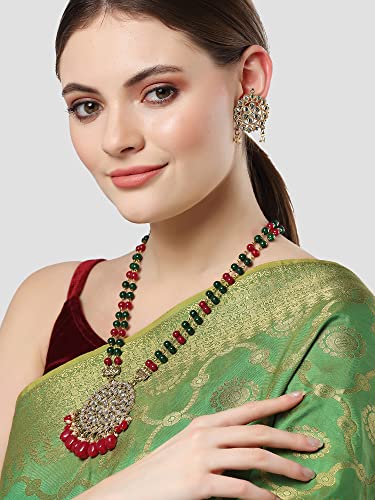 Image of Karatcart Red & Green Beaded Long Kundan Rani Haar Necklace Set for Women