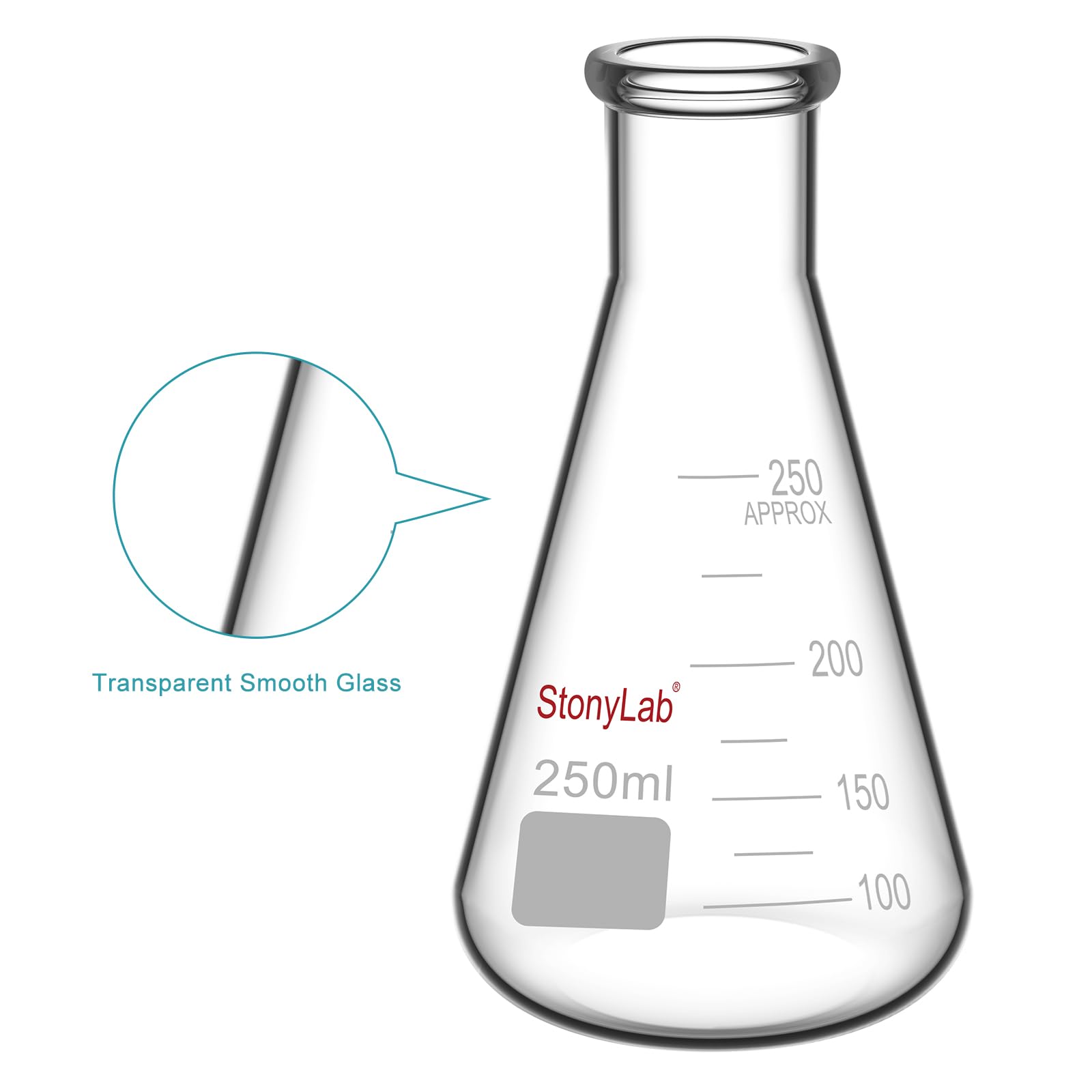 stonylab 1-Paquete 250ml Matraz Erlenmeyer de Boca Estrecha, Erlenmeyer Flasks de Cristal de Pared Gruesa con Borde de Alta Resistencia - (250ml Ajusta con el Tapón de Goma StonyLab 7#)
