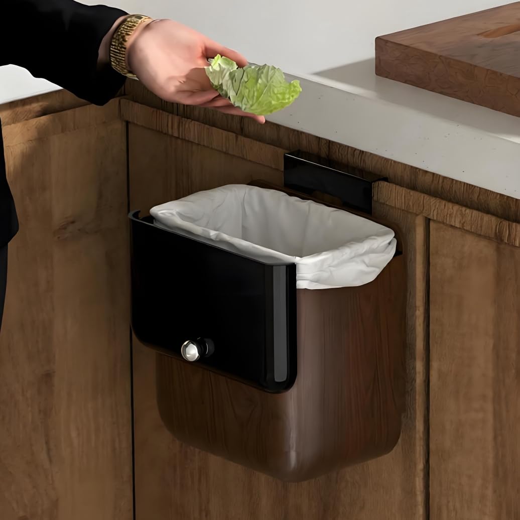 Large 3.2 Gallon Compost Bin, Under Sink Trash Can with Lid, Hanging Waste Cabinet for Office Kitchen Cupboard Bathroom Bedroom, Walnut Color