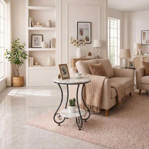 Image of CARTADEN 2 Tier End Table in Living Room, Industrial Style Round Bedside Table with Storage, Small Outdoor Coffee Table for Bedroom Balcony Patio Black White
