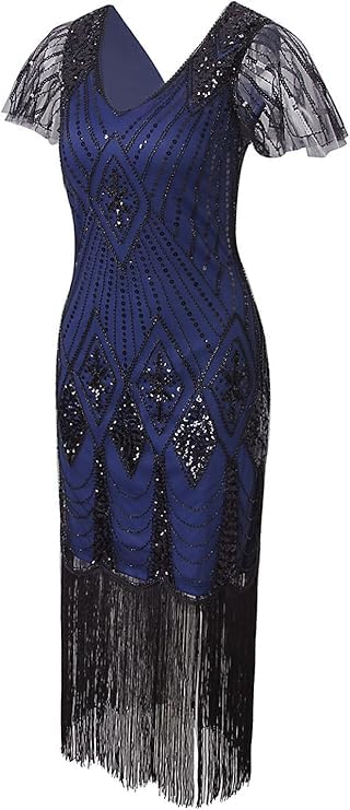 Image of 869A - Plus Size 1920s Vintage Fringed Gatsby Sequin Beaded Tassels Hem Flapper Party Prom Cocktail Dress with Accessories (Blue Black Diamond, 2X)