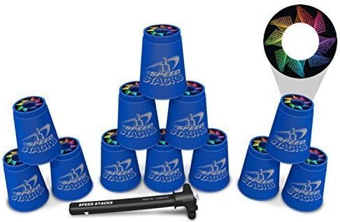 Set of 12 Blue Authentic Wssa Speed Stacks Cups with Rainbow Multicolor Spiro Snap Tops & Quick Release Stem