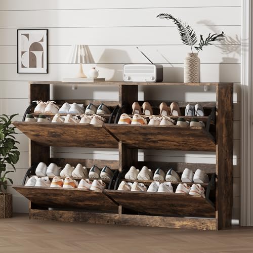 Image of Xixini Shoe Storage Cabinet for Entryway with 4 Flip Drawers, Sturdy Wood Hidden Shoe Storage, Freestanding Narrow Slim Shoe Organizer for Front Door Entrance, Living Room, Hallway, Bedroom, Brown