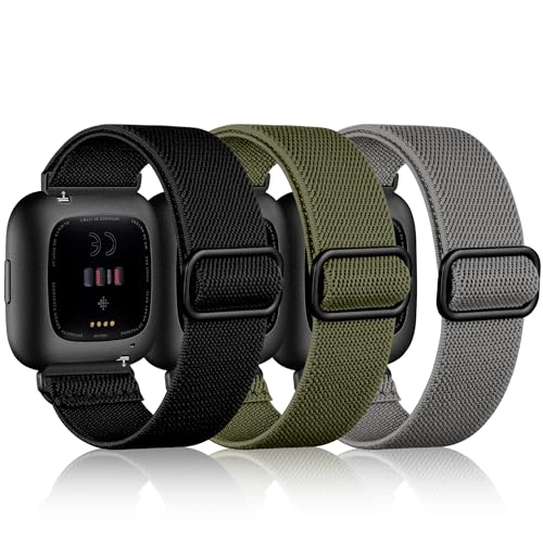 Maledan 3 Pack Stretchy Solo Loop Compatible with Fitbit Versa/Fitbit Versa 2 Bands Women Men, Soft Nylon Sport Replacement Versa 2 Watch Band for Fitbit Versa 2/Versa/Versa Lite, Black/Green/Gray