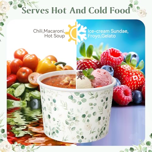 Image of Funnymoom 50 Pack Sage Green Ice Cream Cups 9 oz Eucalyptus Leaf Disposable Dessert Bowls Paper Soup Bowls Eucalyptus Floral Snack Cups for Hot or Cold Food for Greenery Baby Shower Wedding Birthday