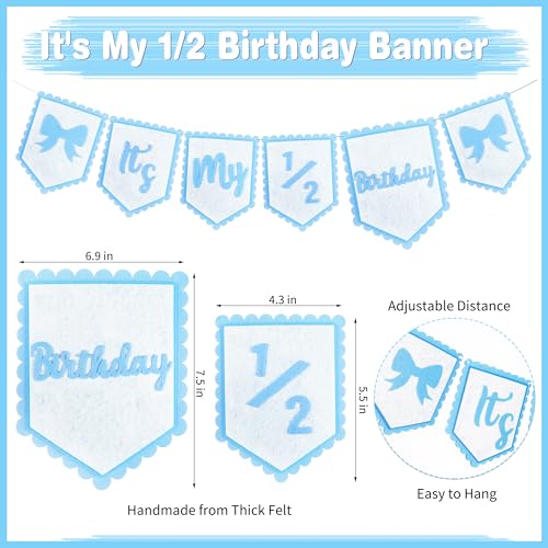 Image of 1 /2 Birthday Girl Half Birthday Decorations - blue Bow It's My 1 /2 Birth Banner, Glitter Cake Topper, Ribbon Bow Wood Bead High Chair Banner & Cone Hat, Halfway to One Baby Girl Party Supplies(Blue)