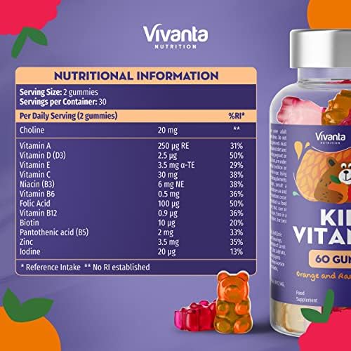 Kids Vitamins - Orange & Raspberry Flavour - Kids Multivitamin Gummy with Vitamin D and Choline - Suitable for Children Aged 3+ - Kids Vitamins Multivitamins (60 Gummies)