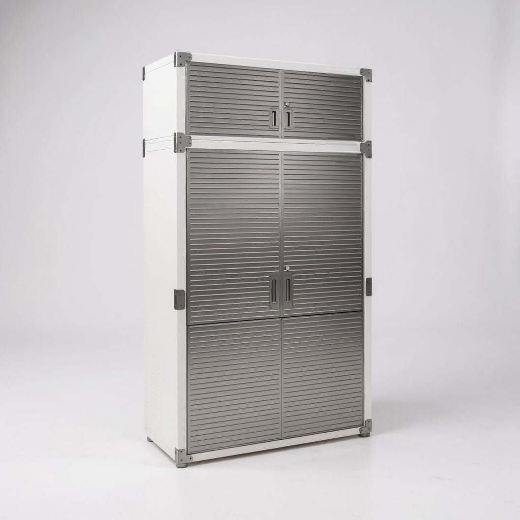 Lockable Stainless Steel 2-Piece Storage Cabinet with Stacker Set, 4 Doors with Adjustable Shelves, Heavy Duty Organizer for Home, Office, Warehouse or Garage, (Granite, 48" W x 24" D x 90.5" H)