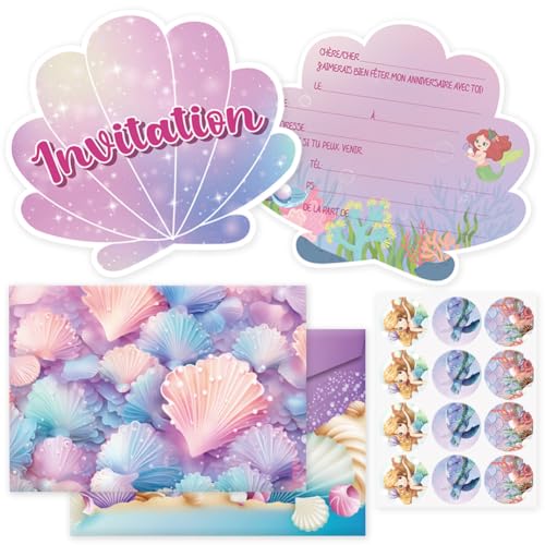 Yontree 12PCS Cartes d'Invitation pour Anniversaire Enfant Cartes Invitation avec Enveloppes Cartes d'Invitation en Forme de Coquillage pour Anniversaire Fête