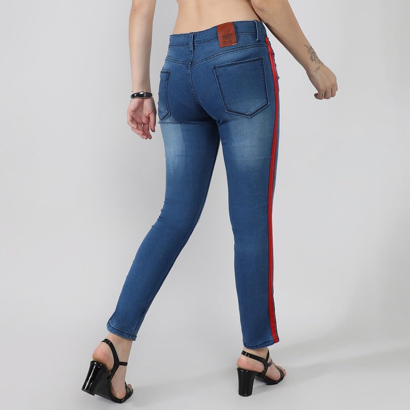 Image of PINACOLADA Women's Side-Striped Denim Jeans for Casual Wear | Light-Wash | Regular Fit | Button Closure | Cotton Denim Jeans Crafted with Comfort Fit for Everyday Wear