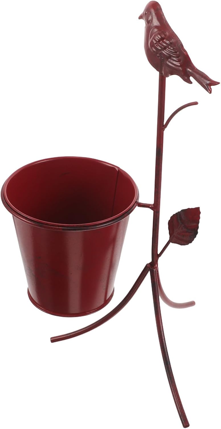 Metal Flower Pot Stand with Bird Statue for Outdoor Porch Use